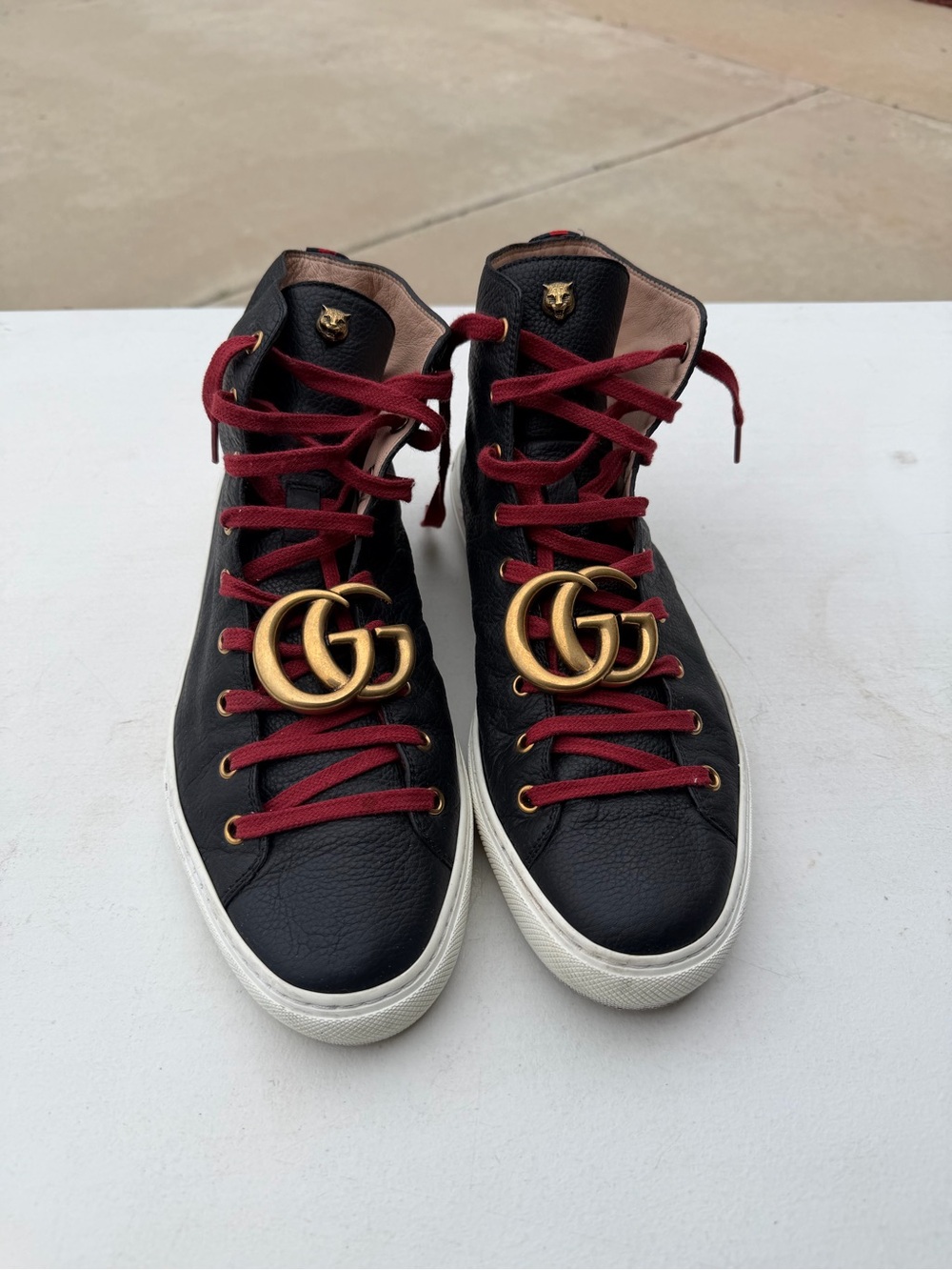 Gucci Black Leather High-Top Sneakers with Burgundy Laces and Gold GG